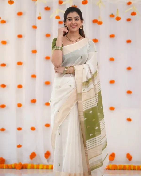 White_Color_Recent_Release_Soft_Banarasi_Silk_Saree_with_Classy_Green_Color_Blouse_Piece