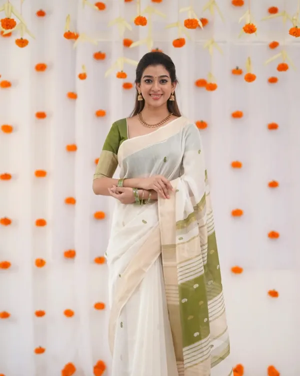 White_Color_Recent_Release_Soft_Banarasi_Silk_Saree_with_Classy_Green_Color_Blouse_Piece