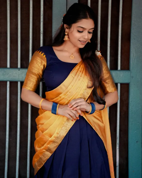 Orange_And_Blue__Color_Kanchipuram_Zari_Weaving_Half_Saree_With_Blouse__Silk_Dupatta