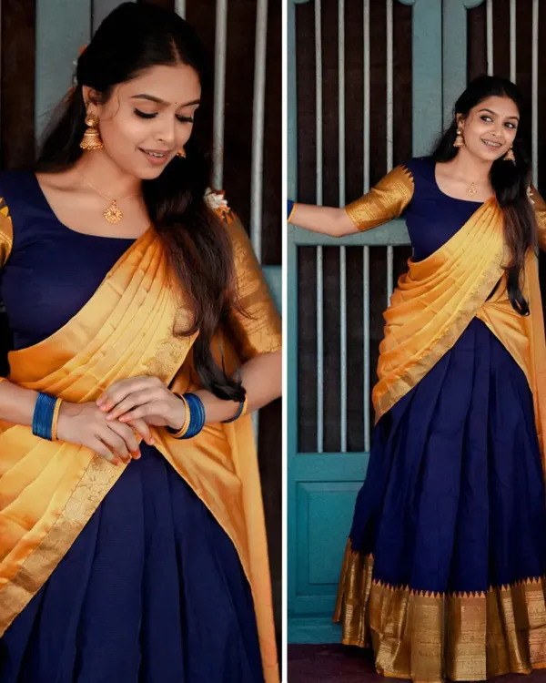 Orange_And_Blue__Color_Kanchipuram_Zari_Weaving_Half_Saree_With_Blouse__Silk_Dupatta