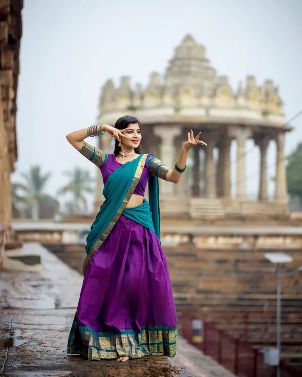 Bottle_Blue_And_Purple_Color_Kanchipuram_Zari_Weaving_Half_Saree_With_Blouse__Silk_Dupatta