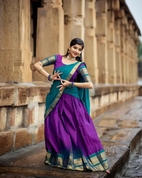Bottle_Blue_And_Purple_Color_Kanchipuram_Zari_Weaving_Half_Saree_With_Blouse__Silk_Dupatta