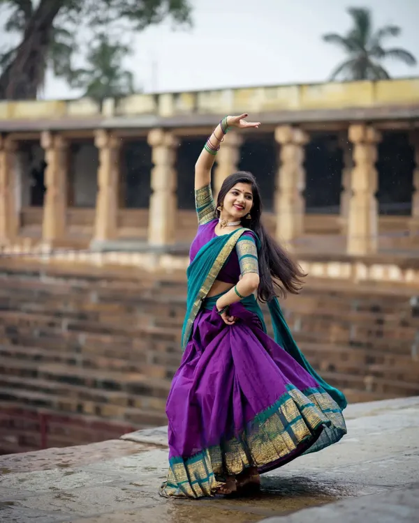 Bottle_Blue_And_Purple_Color_Kanchipuram_Zari_Weaving_Half_Saree_With_Blouse__Silk_Dupatta