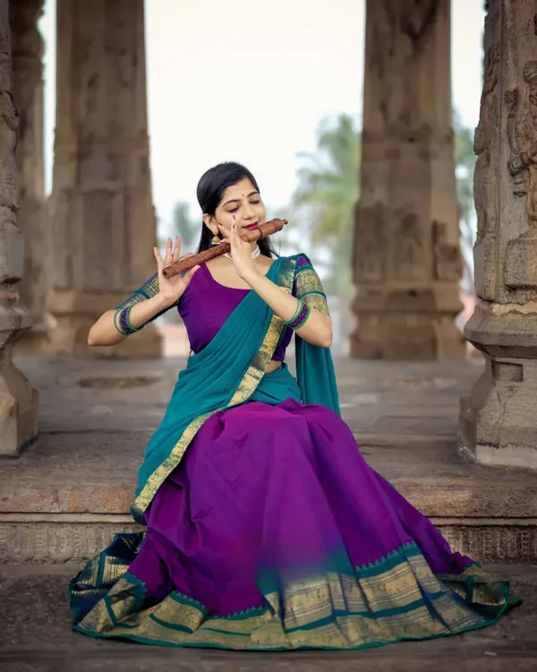 Bottle_Blue_And_Purple_Color_Kanchipuram_Zari_Weaving_Half_Saree_With_Blouse__Silk_Dupatta
