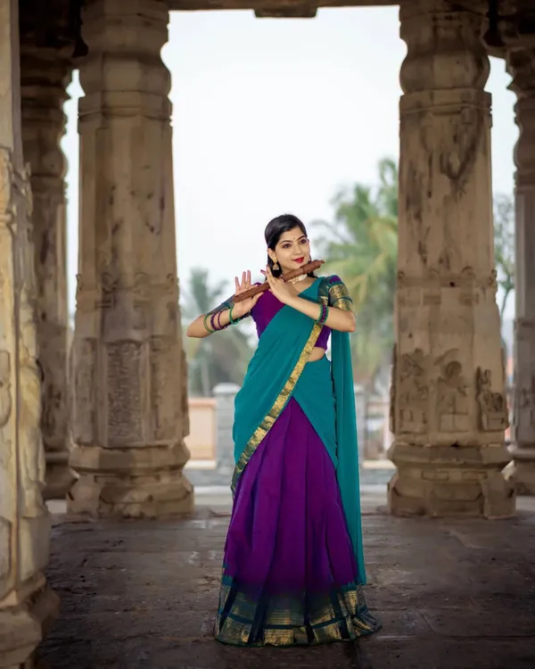 Bottle_Blue_And_Purple_Color_Kanchipuram_Zari_Weaving_Half_Saree_With_Blouse__Silk_Dupatta