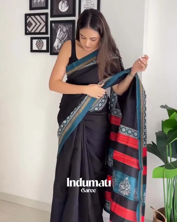 Dark_Horizon_-_Black_Linen_Saree_with_Blue_Border_&_Matching_Blouse