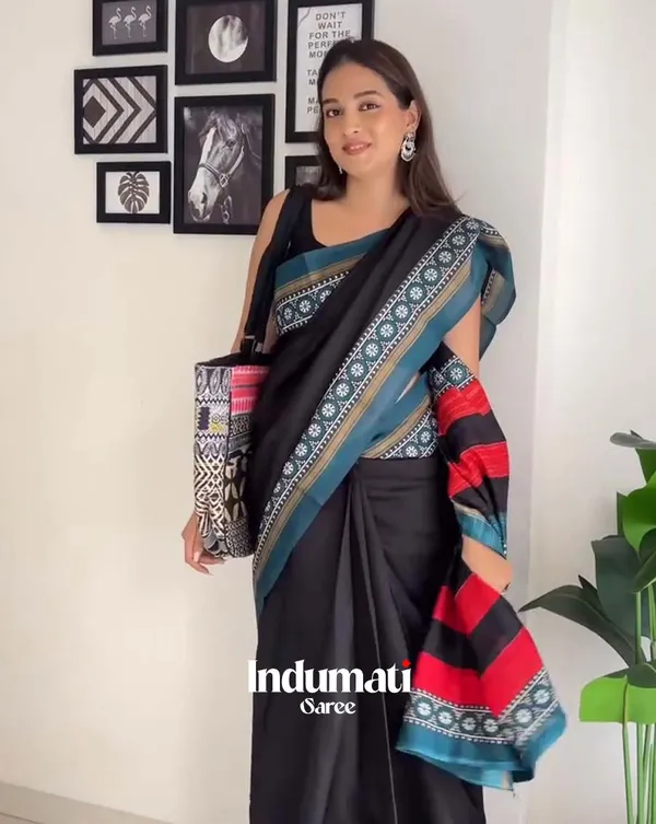 Dark_Horizon_-_Black_Linen_Saree_with_Blue_Border_&_Matching_Blouse
