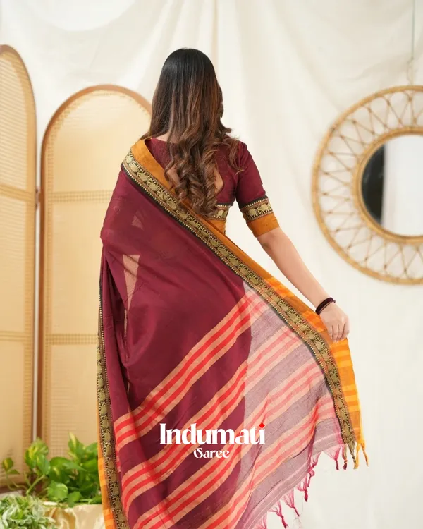 Maroon_Mulmul_Cotton_Saree_with_Mustard_Border_&_Woven_Detailing,_with_Blouse_Piece