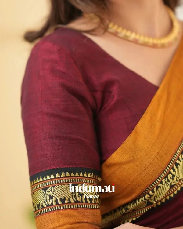 Maroon_Mulmul_Cotton_Saree_with_Mustard_Border_&_Woven_Detailing,_with_Blouse_Piece