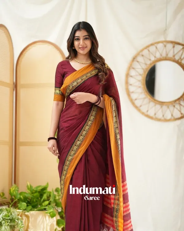 Maroon_Mulmul_Cotton_Saree_with_Mustard_Border_&_Woven_Detailing,_with_Blouse_Piece