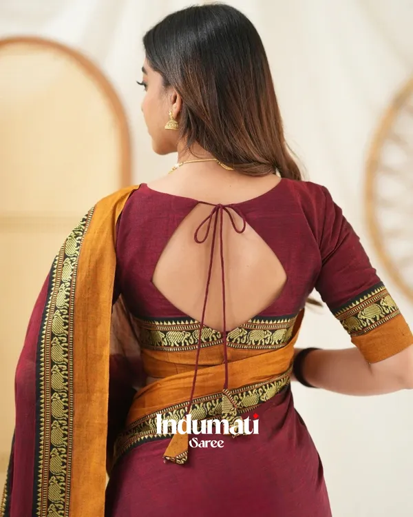 Maroon_Mulmul_Cotton_Saree_with_Mustard_Border_&_Woven_Detailing,_with_Blouse_Piece