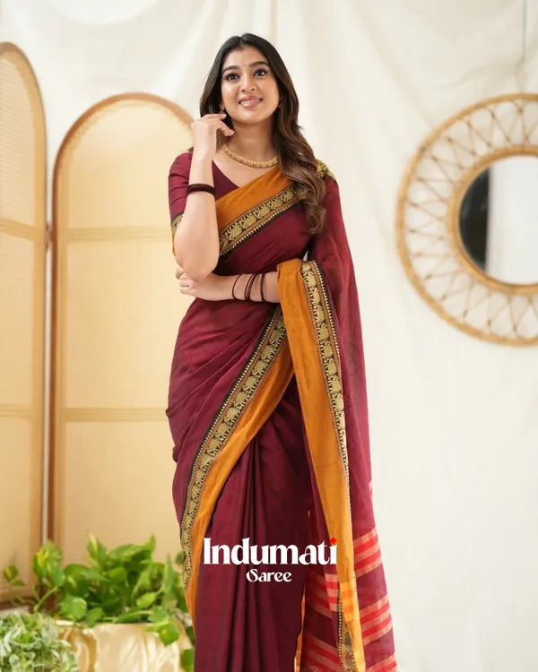 Maroon_Mulmul_Cotton_Saree_with_Mustard_Border_&_Woven_Detailing,_with_Blouse_Piece