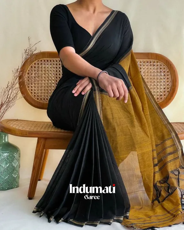 Black_&_Mustard_Mulmul_Cotton_Saree_with_Blouse_Piece