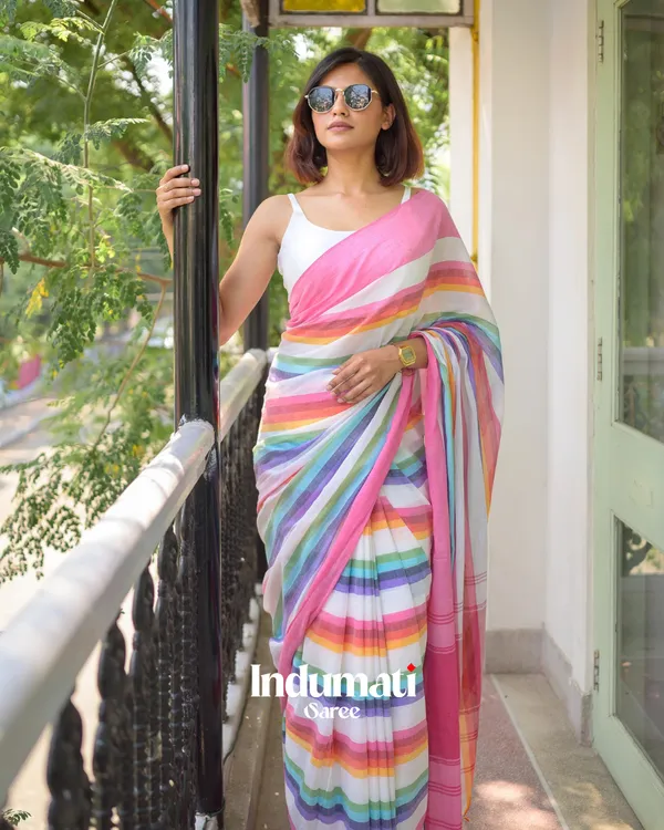 Pink_Mulmul_Cotton_Saree_with_Multicolor_Striped_Pallu_&_Matching_Pink_Blouse_Piece