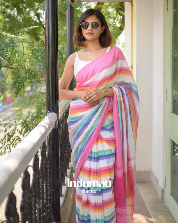 Pink_Mulmul_Cotton_Saree_with_Multicolor_Striped_Pallu_&_Matching_Pink_Blouse_Piece