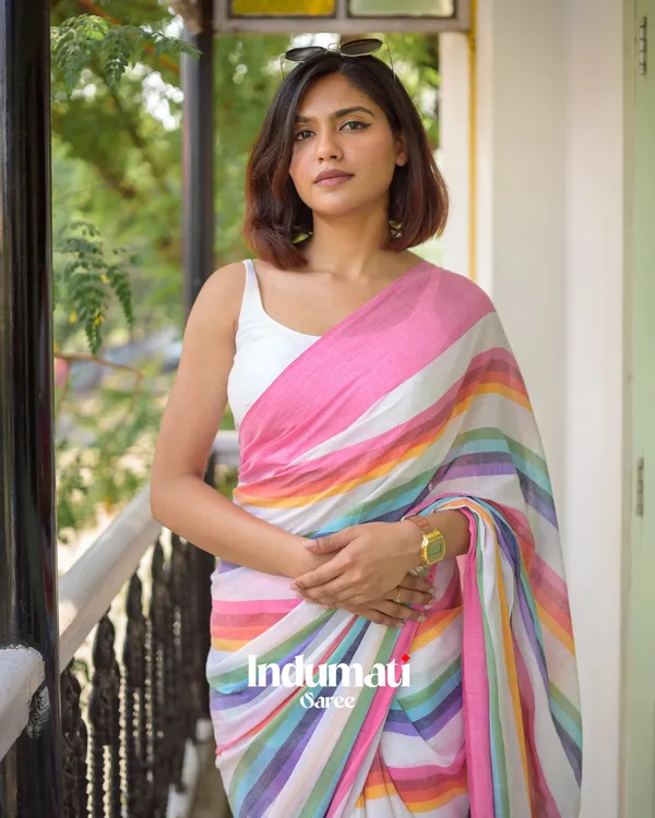 Pink_Mulmul_Cotton_Saree_with_Multicolor_Striped_Pallu_&_Matching_Pink_Blouse_Piece