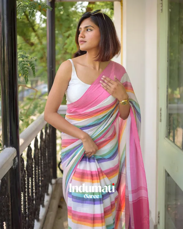 Pink_Mulmul_Cotton_Saree_with_Multicolor_Striped_Pallu_&_Matching_Pink_Blouse_Piece