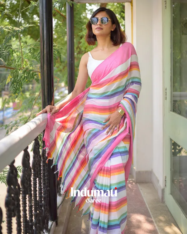 Pink_Mulmul_Cotton_Saree_with_Multicolor_Striped_Pallu_&_Matching_Pink_Blouse_Piece