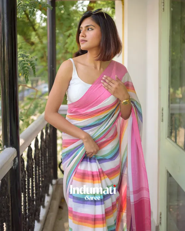 Pink_Mulmul_Cotton_Saree_with_Multicolor_Striped_Pallu_&_Matching_Pink_Blouse_Piece