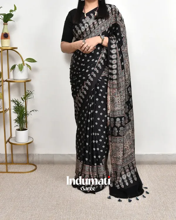 Black_Ajrakh_Printed_Modal_Silk_Saree_with_Blouse_Piece