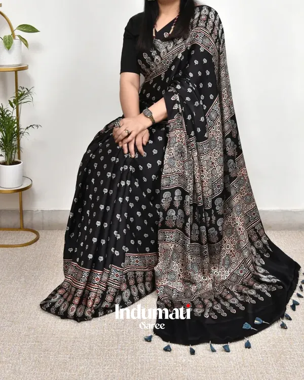 Black_Ajrakh_Printed_Modal_Silk_Saree_with_Blouse_Piece