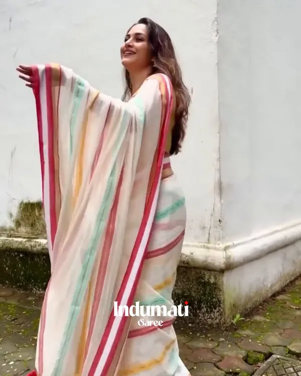 Pratham_Jyot_-_Pure_White_Linen_Saree_with_Vibrant_Multicolor_Stripe_Border_&_Blouse_Piece