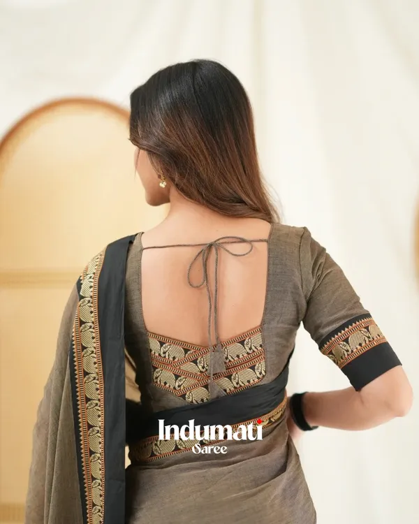 Coffee_Brown_Mulmul_Cotton_Saree_with_Black_Border_&_Golden_Detailing_with_blouse_piece