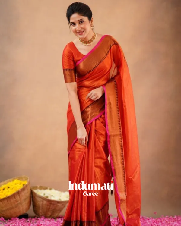 Rust_Orange_Tissue_Cotton_Saree_with_Copper_Border_&_Blouse_Piece