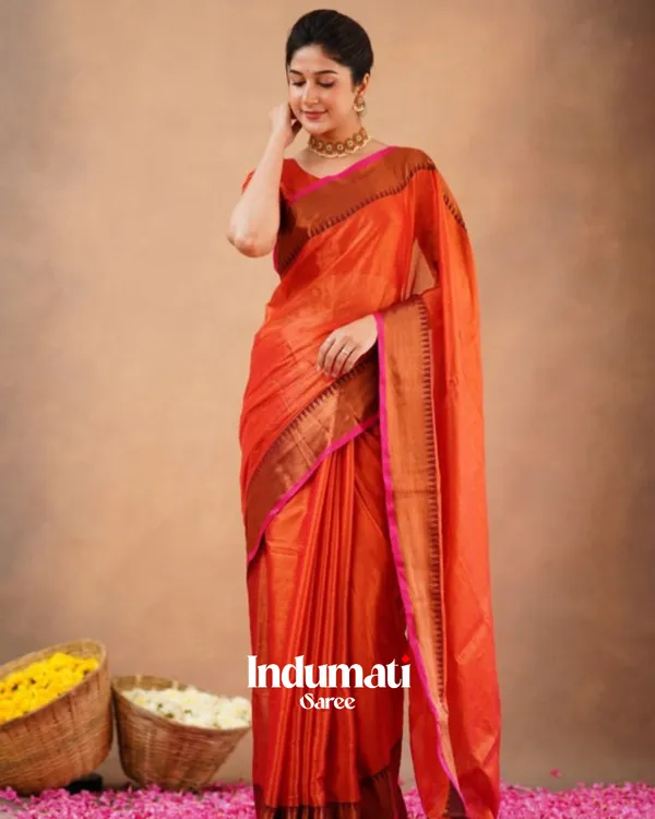 Rust_Orange_Tissue_Cotton_Saree_with_Copper_Border_&_Blouse_Piece