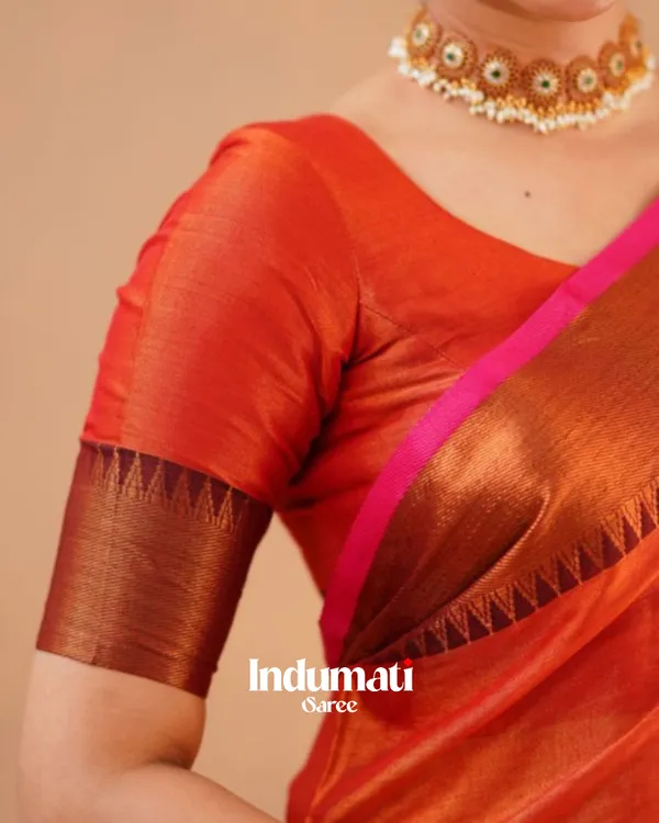 Rust_Orange_Tissue_Cotton_Saree_with_Copper_Border_&_Blouse_Piece