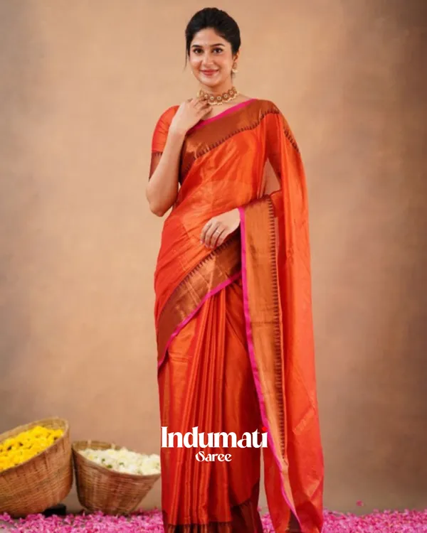 Rust_Orange_Tissue_Cotton_Saree_with_Copper_Border_&_Blouse_Piece