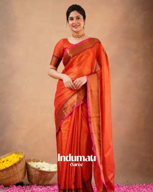 Rust_Orange_Tissue_Cotton_Saree_with_Copper_Border_&_Blouse_Piece