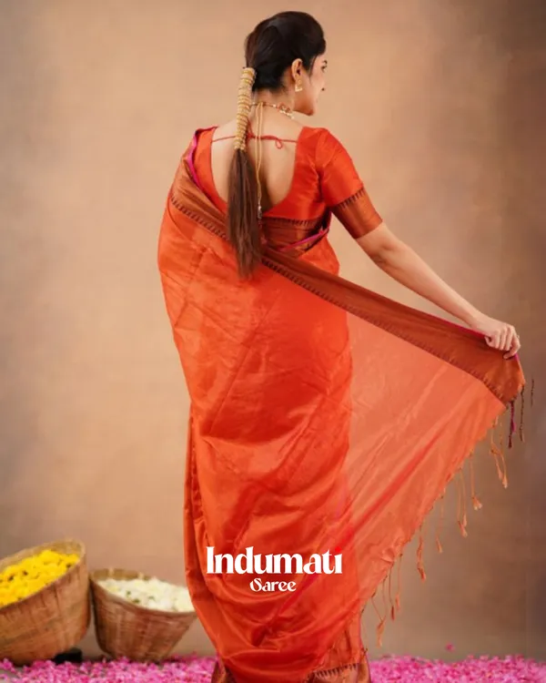 Rust_Orange_Tissue_Cotton_Saree_with_Copper_Border_&_Blouse_Piece