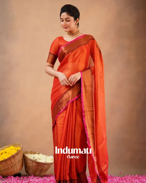 Rust_Orange_Tissue_Cotton_Saree_with_Copper_Border_&_Blouse_Piece