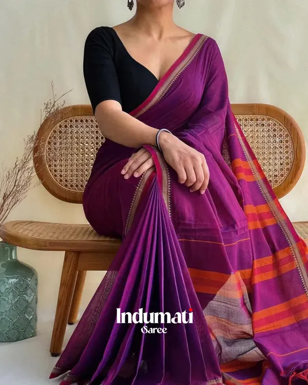 Magenta_Mulmul_Cotton_Saree_with_Contrast_Orange_Striped_Pallu_&_Blouse