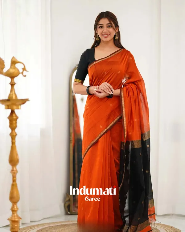 Saffron_Color_Premium_Cotton_Silk_Saree_With_Classy_Blouse_and_tassels