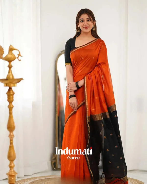 Saffron_Color_Premium_Cotton_Silk_Saree_With_Classy_Blouse_and_tassels