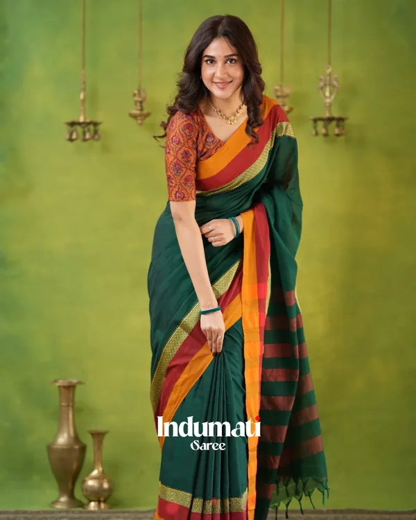 Green_Mulmul_Cotton_Saree_with_Mustard_&_Maroon_Contrast_Borders_(With_Blouse)