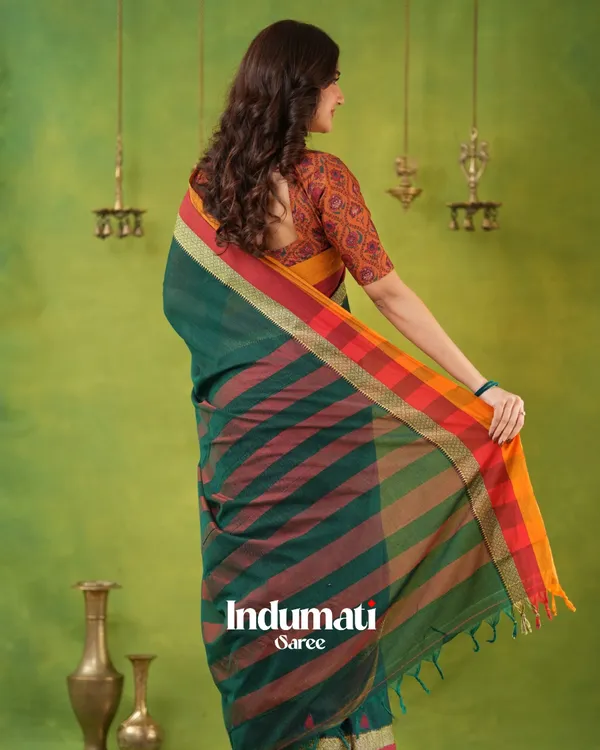 Green_Mulmul_Cotton_Saree_with_Mustard_&_Maroon_Contrast_Borders_(With_Blouse)