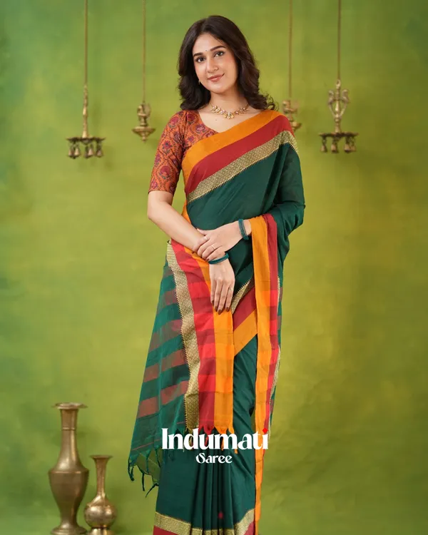 Green_Mulmul_Cotton_Saree_with_Mustard_&_Maroon_Contrast_Borders_(With_Blouse)