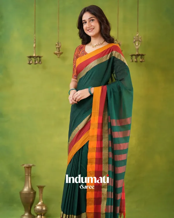 Green_Mulmul_Cotton_Saree_with_Mustard_&_Maroon_Contrast_Borders_(With_Blouse)