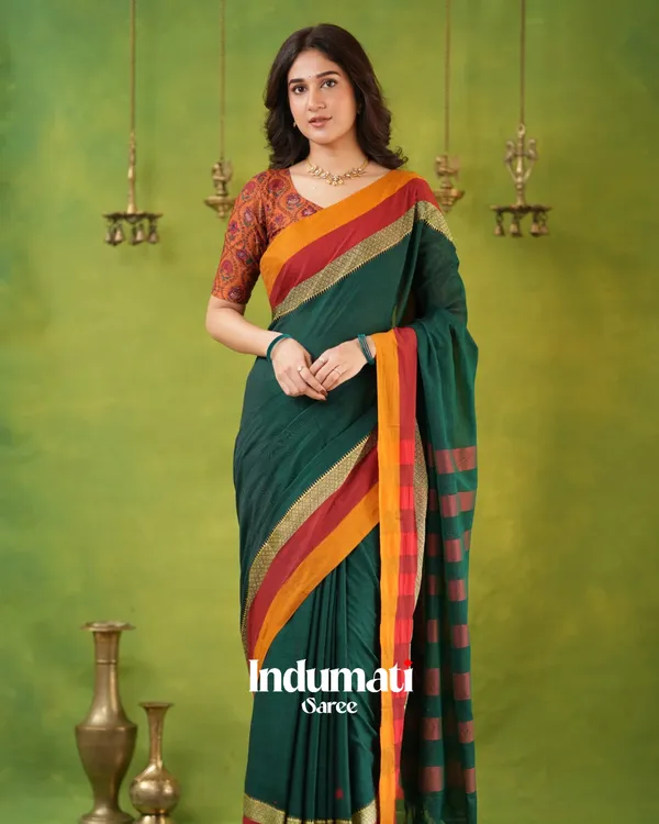 Green_Mulmul_Cotton_Saree_with_Mustard_&_Maroon_Contrast_Borders_(With_Blouse)