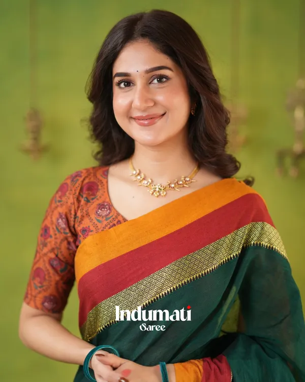 Green_Mulmul_Cotton_Saree_with_Mustard_&_Maroon_Contrast_Borders_(With_Blouse)