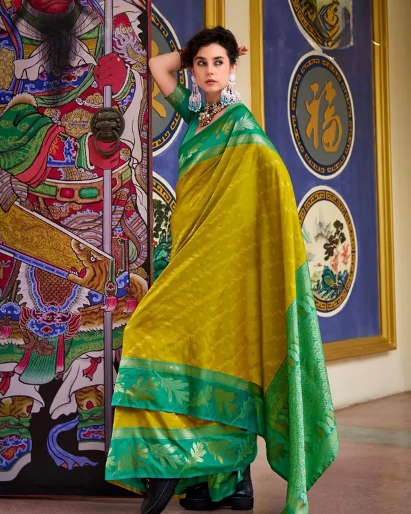 Yellow_And_Light_Green_Color_Elite_Pick_Soft_Banarasi_Silk_Saree_with_Classy_Bloue_Piece