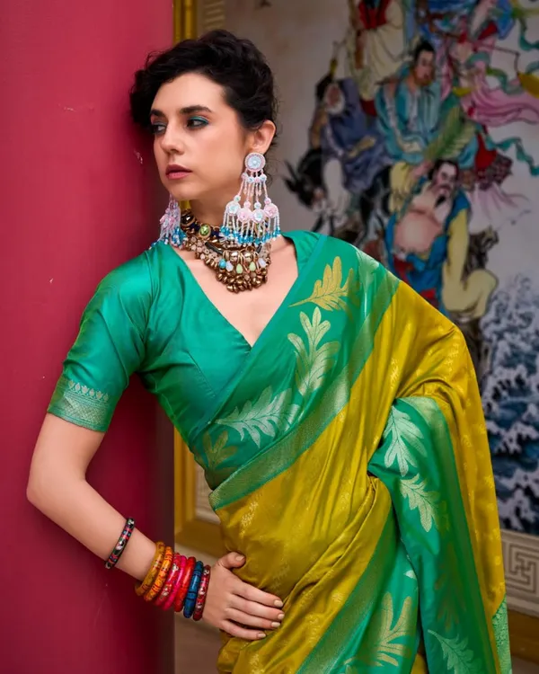 Yellow_And_Light_Green_Color_Elite_Pick_Soft_Banarasi_Silk_Saree_with_Classy_Bloue_Piece