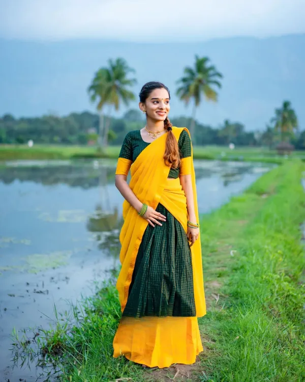 Yellow_And_Green__Color_Kanchipuram_Zari_Weaving_Half_Saree_With_Blouse__Silk_Dupatta