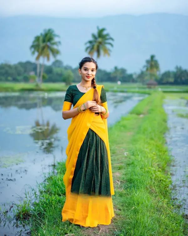 Yellow_And_Green__Color_Kanchipuram_Zari_Weaving_Half_Saree_With_Blouse__Silk_Dupatta