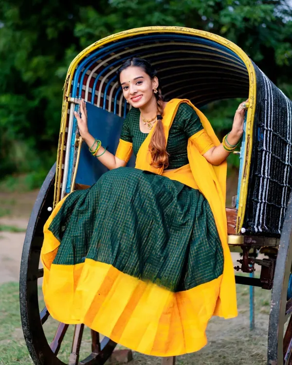 Yellow_And_Green__Color_Kanchipuram_Zari_Weaving_Half_Saree_With_Blouse__Silk_Dupatta