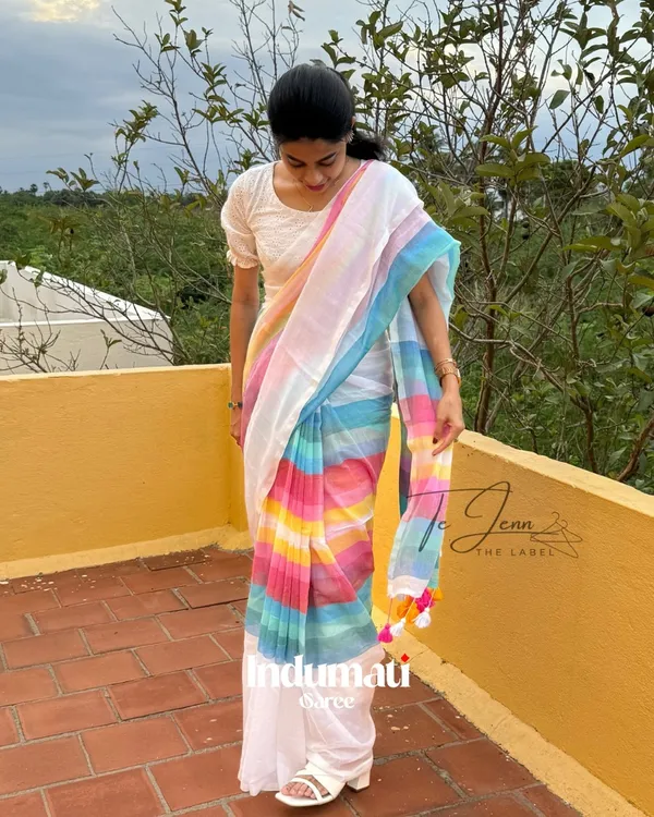 Megh_Dhanush_-_White_Linen_Saree_with_Rainbow_Stripes_&_Blouse_Piece