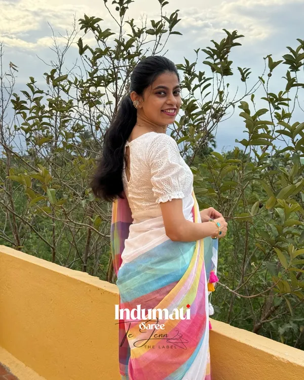 Megh_Dhanush_-_White_Linen_Saree_with_Rainbow_Stripes_&_Blouse_Piece